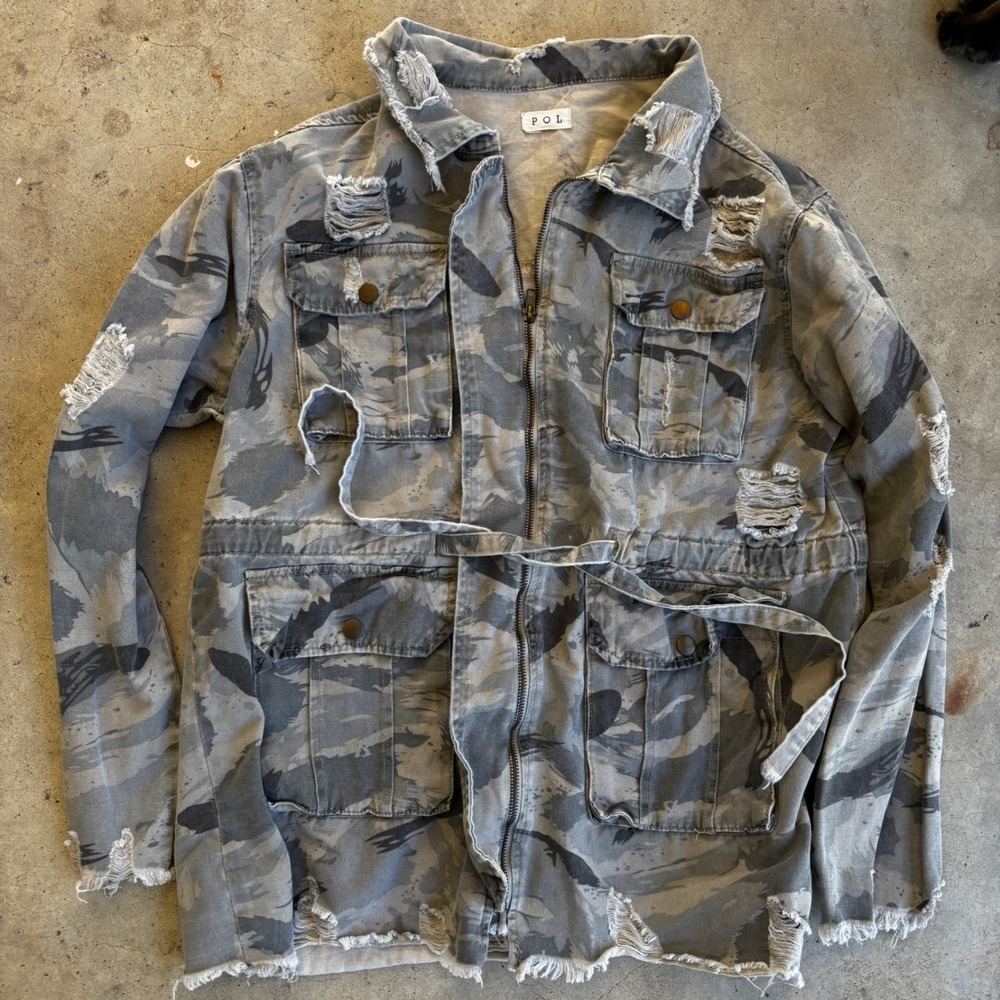 POL Women's Distressed Camouflage Jacket - Gray